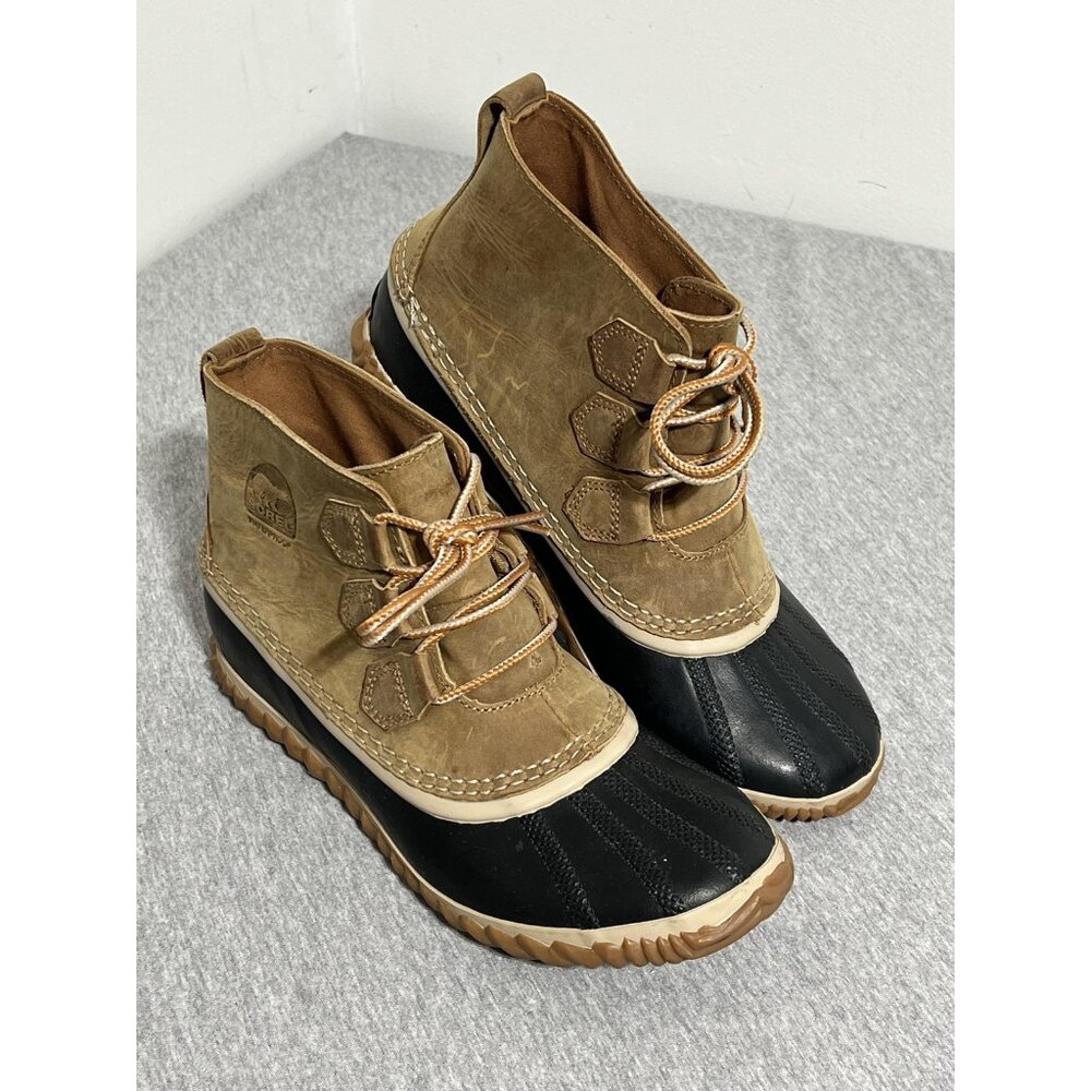 Sorel Out N About Leather Boots Womens Size 9 Brown Black Waterproof Duck Ankle - Picture 3 of 13